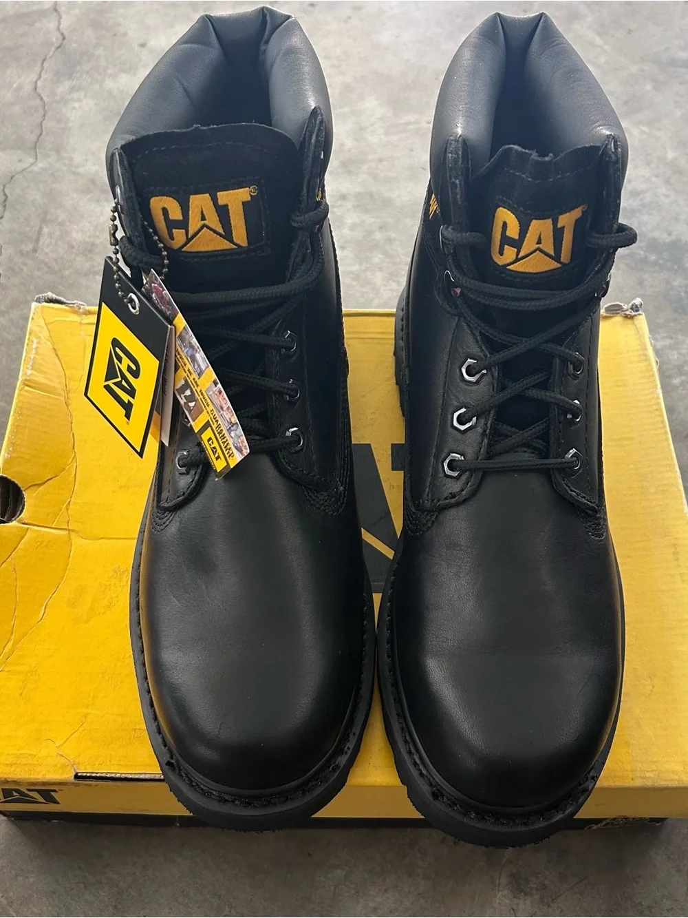 Caterpillar Black Leather Work Boots with Yellow Logo